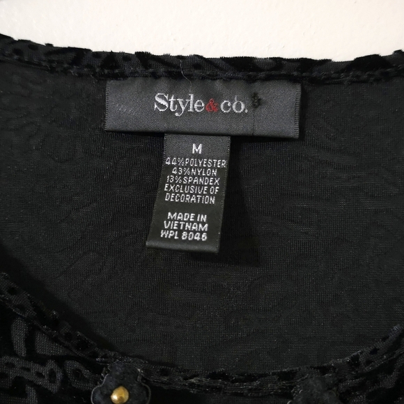 STYLE & CO Black Velvet Burnout Long Sleeve, Bell Sleeves, Witchy Whimsigoth, M - Picture 5 of 16